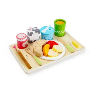 BigJigs - Breakfast in Bed Tray - Wooden Play Food Set, 28 Pcs Kids Playset